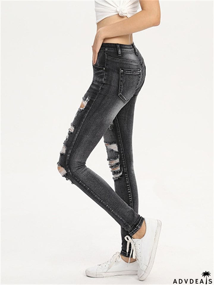 Youth Street Style Slim Fit Stretchy Ripped Denim Jeans for Women