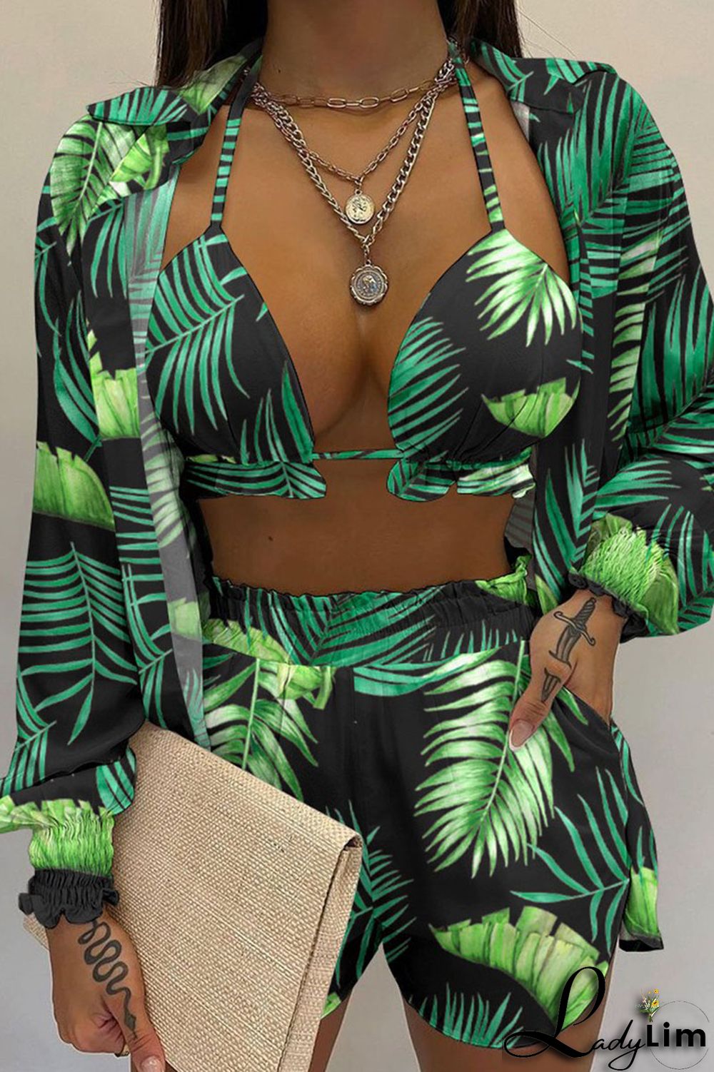 Yellow Sexy Print Patchwork Turndown Collar Long Sleeve Three Pieces