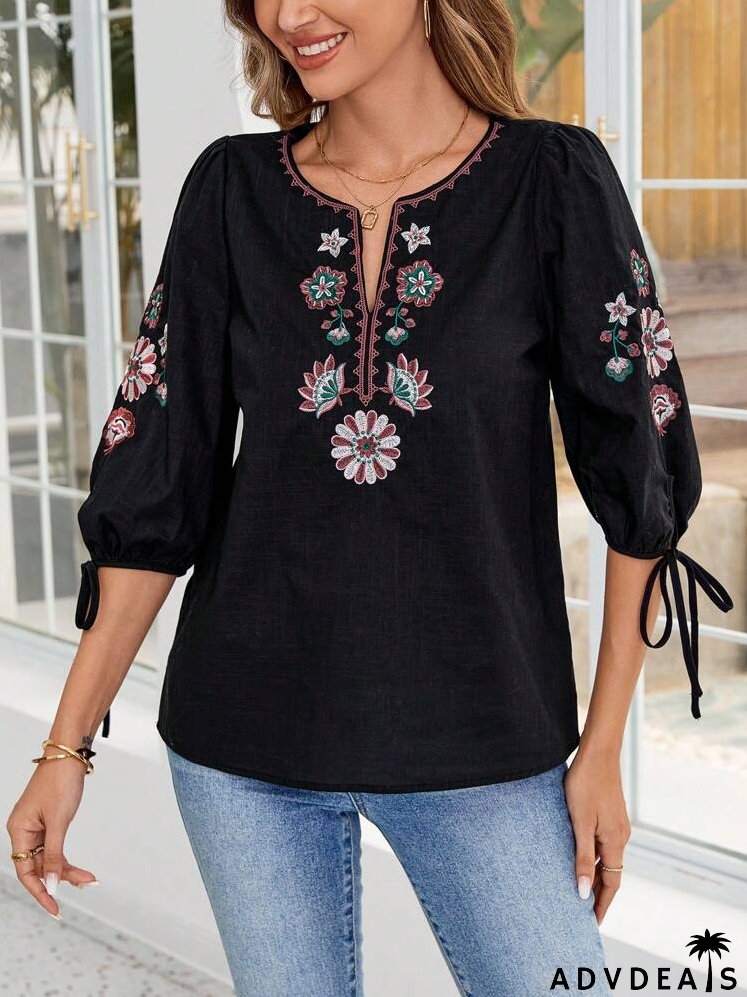 Floral Embroidery Notched Neck Knot Cuff Blouse