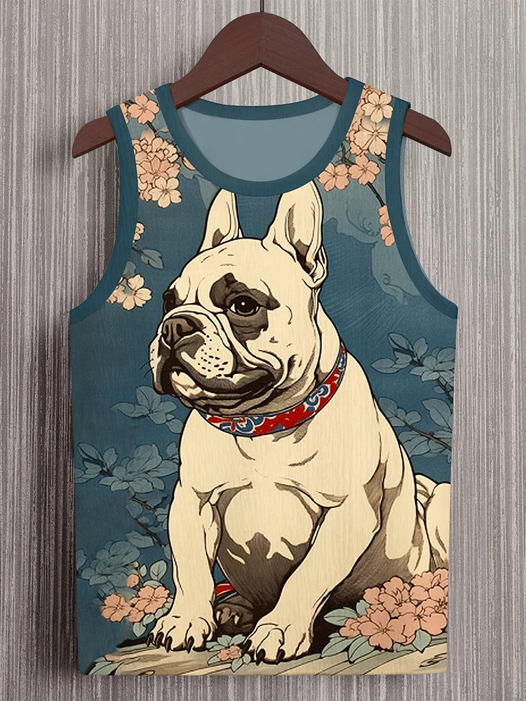 Men's Bulldog Sakura Art Print Casual Tank Top