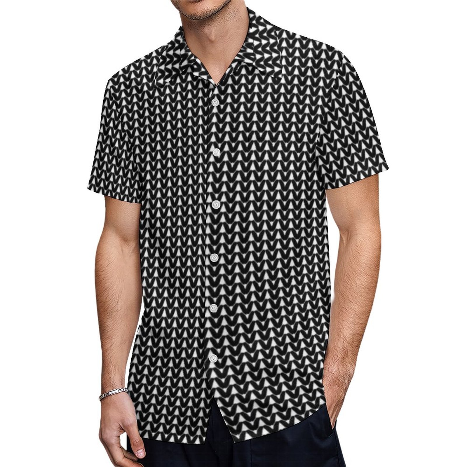 Knit Stockinette Stitch Crafts Print Black Hawaiian Shirt Mens Button Down Tropical Hawaii Beach Shirts