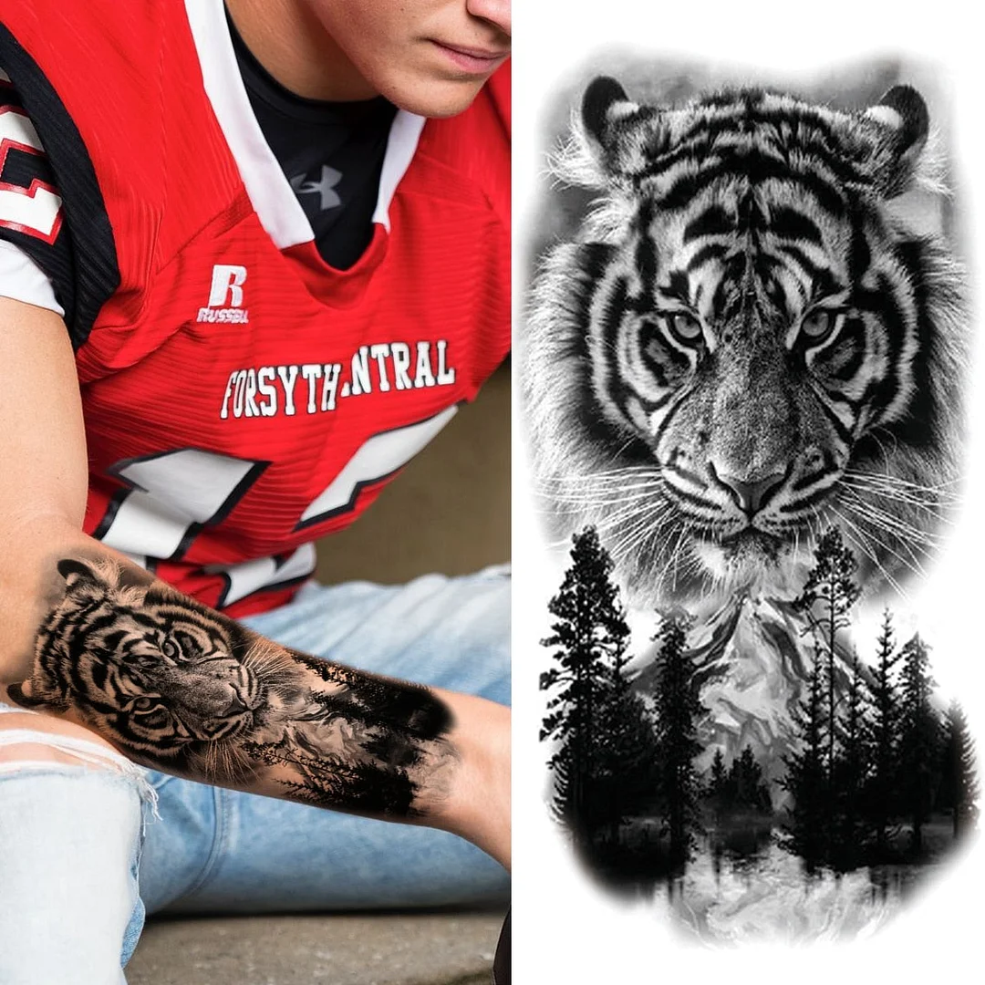 Forest Tiger Temporary Tattoos For Men Women Kids Lion Skull Cross Tattoo Sticker Black Compass Skeleton Tatoos Leg Thigh