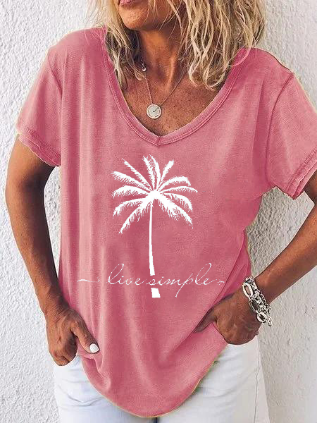 Live Simple Coconut Tree Casual Cotton V Neck Short Sleeve Shirt