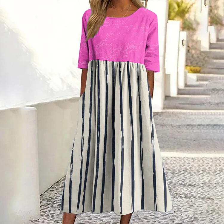 Simpfit Damen Vintage Kleid mit gestreiftem Gemälde und Kunstdruck