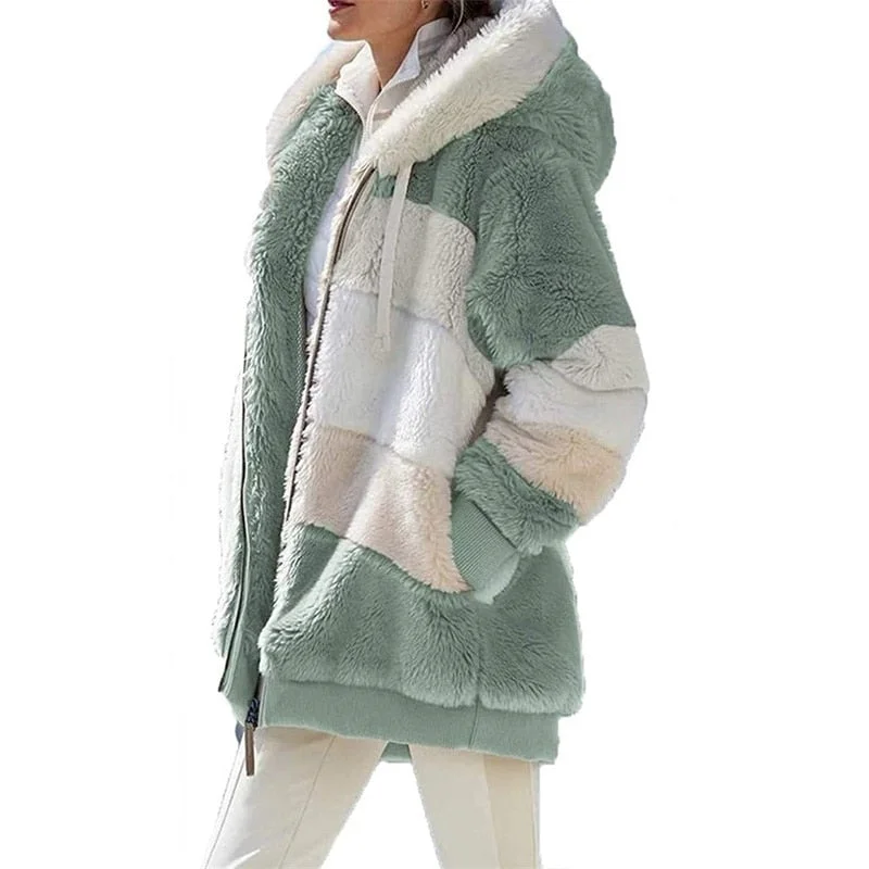 Women Warm Hooded Jacket Winter Zipper Casual Patchwork Loose Coat Fashion Faux Fur Parka Fleece Drawstring Plus Size Coat