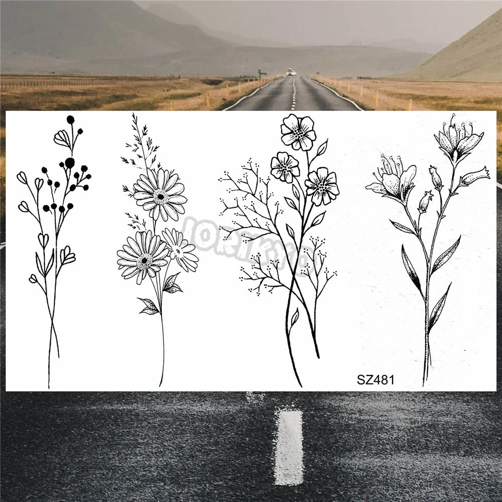 Black Poppy Flower Temporary Tattoos For Women Kids Realistic Lavender Plum Waterproof Fake Tattoo Sticker Tattoo Arm Body