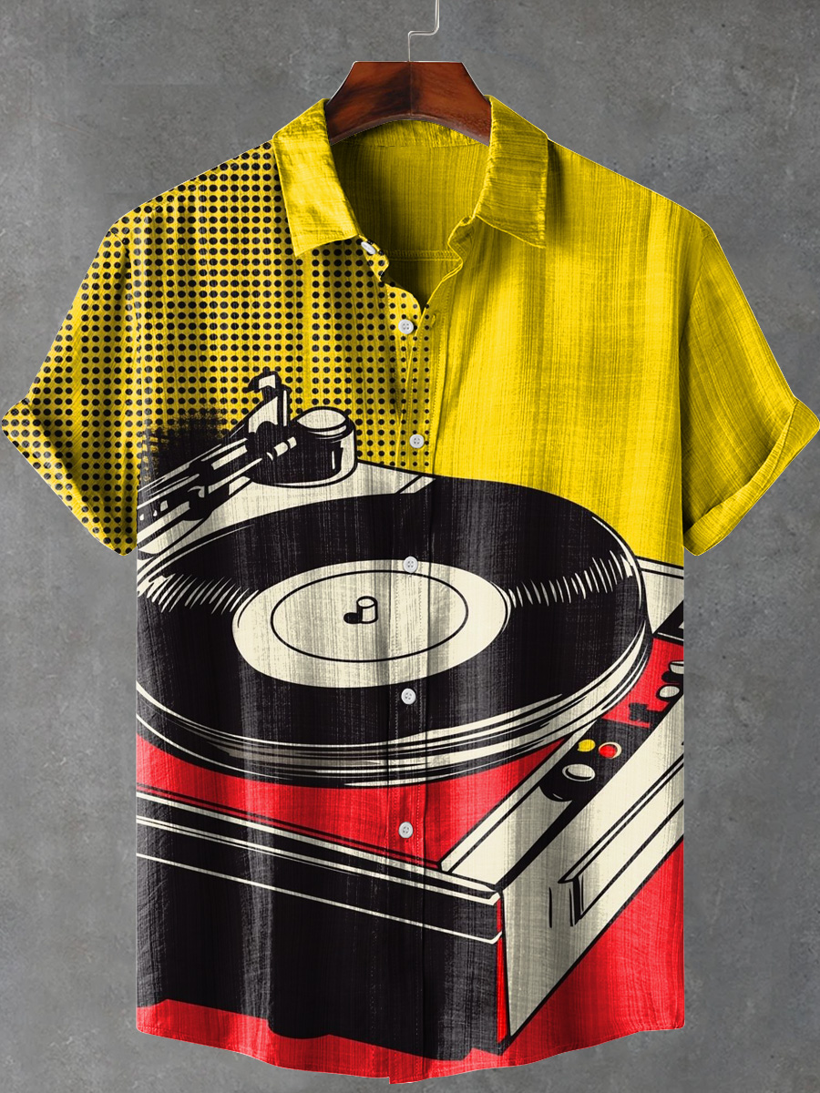 Retro Vinyl Record Cartoon Art Print Casual 100% Cotton Shirt