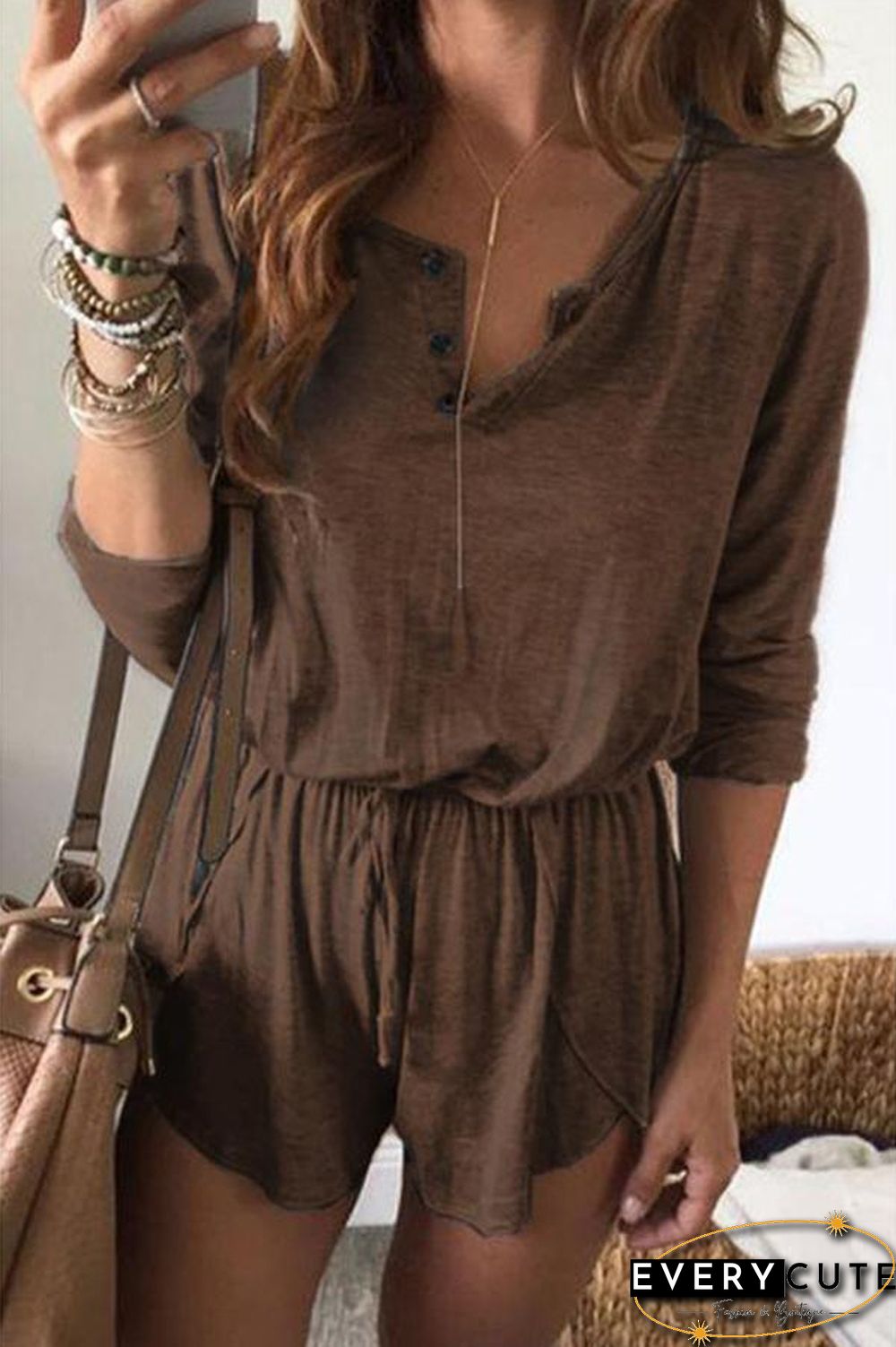 Solid Color Long Sleeve Tie Waist Romper P15010