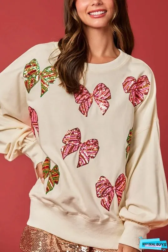 Christmas Bow Sequin Loose Casual Long Sleeve Sweatshirt