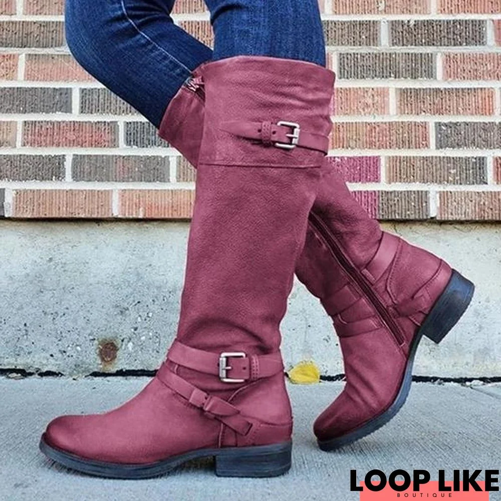 Women Plus Size Riding Boots Zipper Low Heel Faux Leather Boots