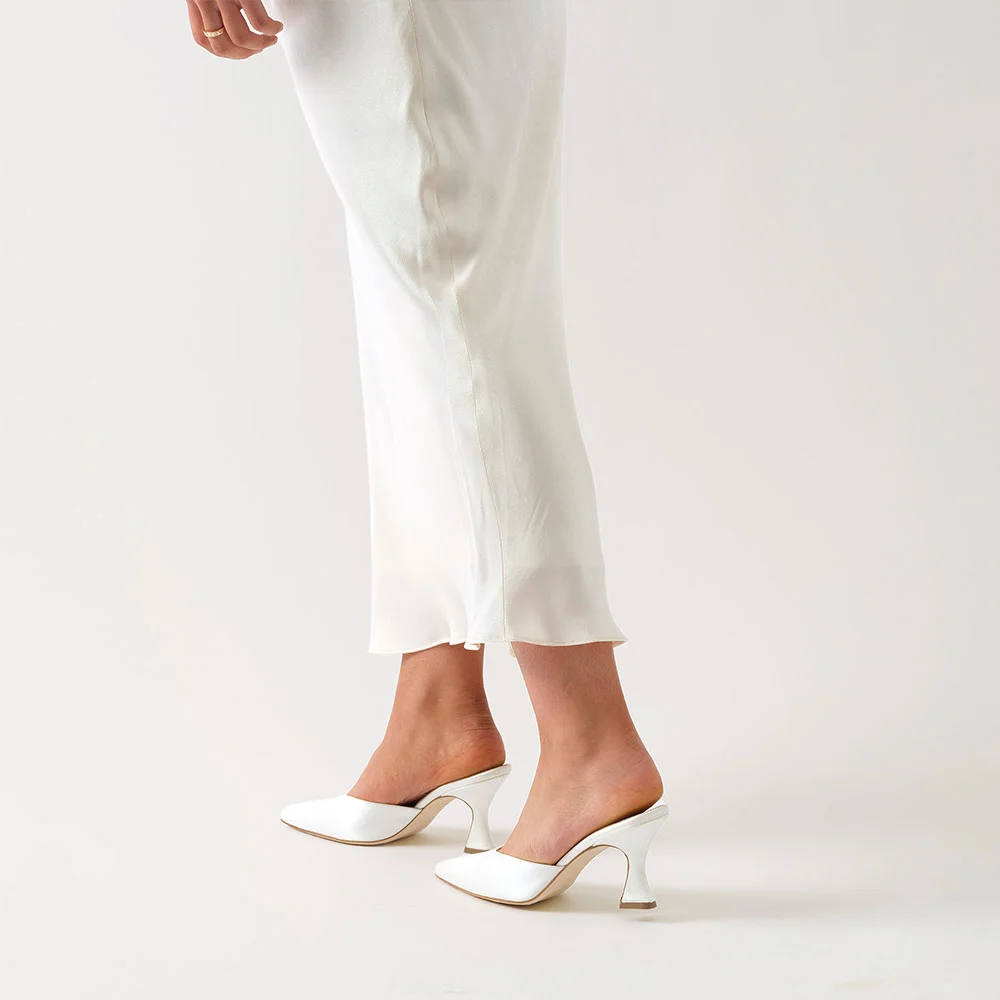 Elegant Ivory Satin Pointed Toe Flared Heel Mule Shoes for Women