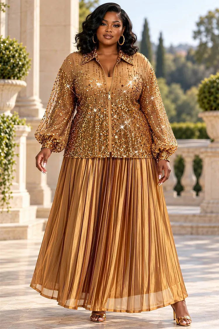 Xpluswear Design Plus Size Formal Gold Shirt Collar Long Sleeve Pleated Zipper Sequin Two Piece Skirt Sets [Pre-Order] 2024 - Xpluswear