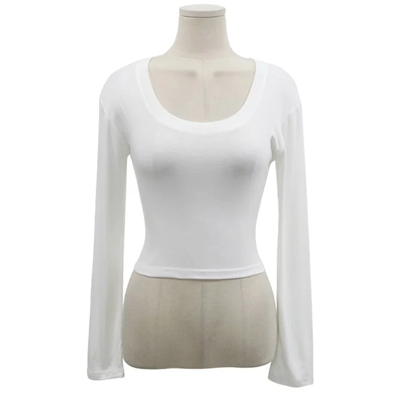 Brownm Women Sexy O-neck Cropped T-shirts Girls Full Sleeve Sheath Thin Tshirt Basic Crop Tops For Female 2021 Spring Summer