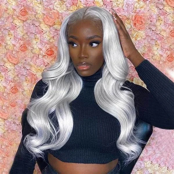Junoda Silver Grey Body Wave Wig Lace Front Wig Colored Human Hair Wigs for Women