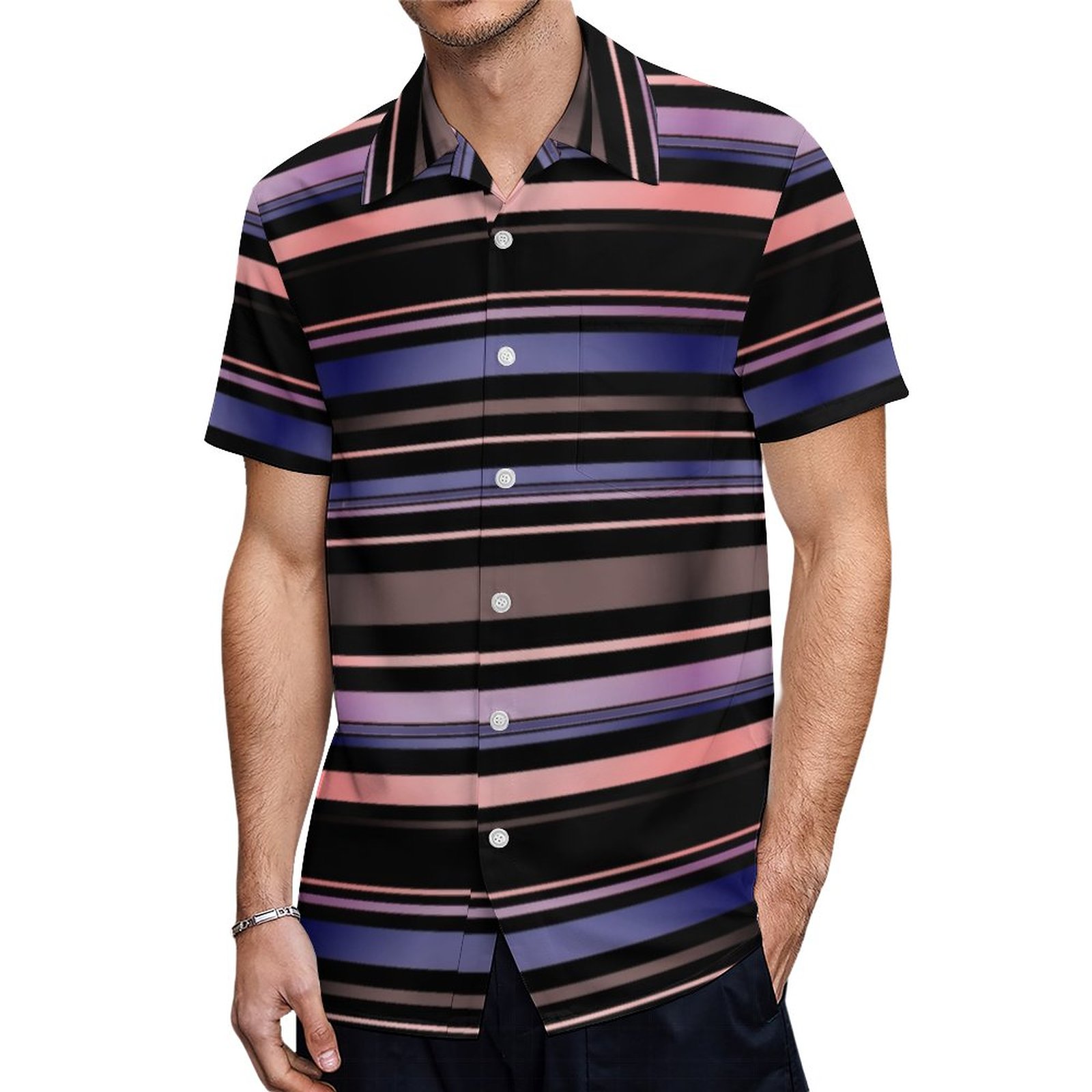 Modern Purple And Black Horizontal Striped Yoga Hawaiian Shirt Mens Button Down Tropical Hawaii Beach Shirts