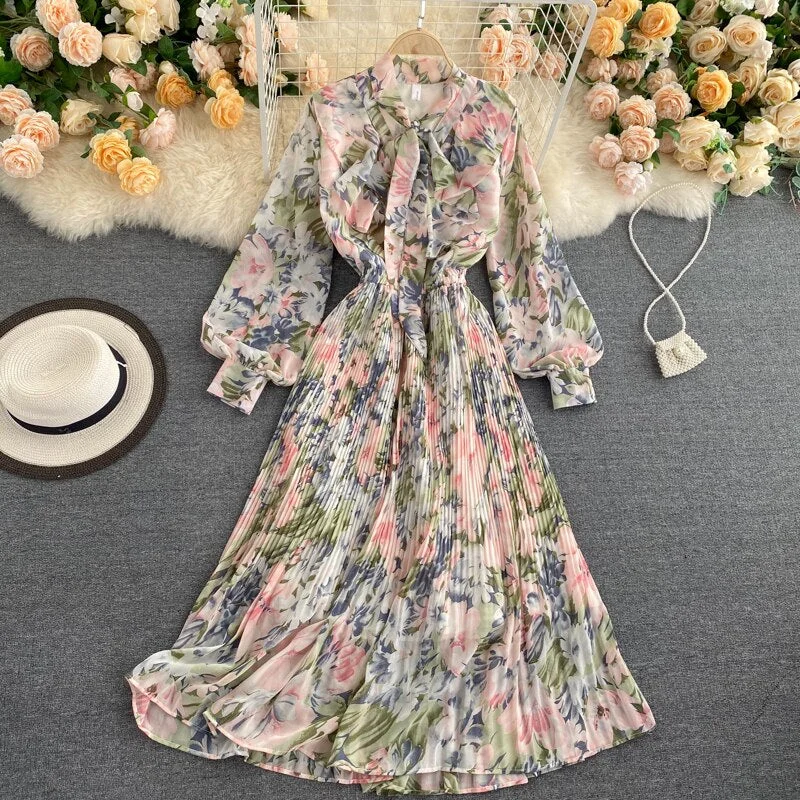 Croysier Dresses For Women 2021 Elegant Bow Tie Neck Vintage Floral Midi Dress Long Sleeve Spring Autumn Chiffon Pleated Dress