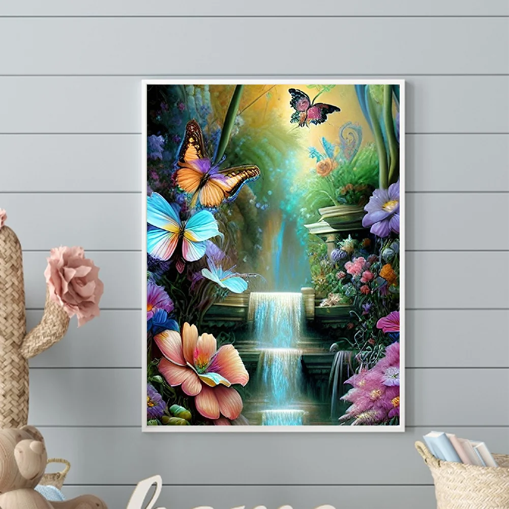 Diamond Painting - Full Round Drill - Flower Butterfly Waterfall(30*40cm)