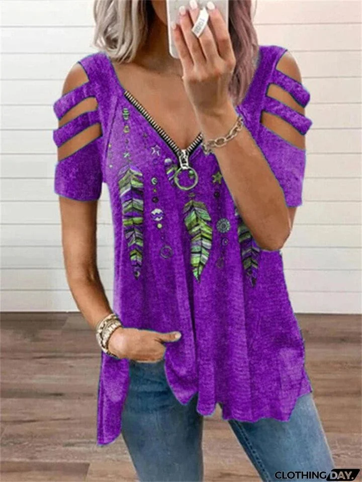 Special V-Neck Zipper Feather Print Short Sleeve T-Shirt