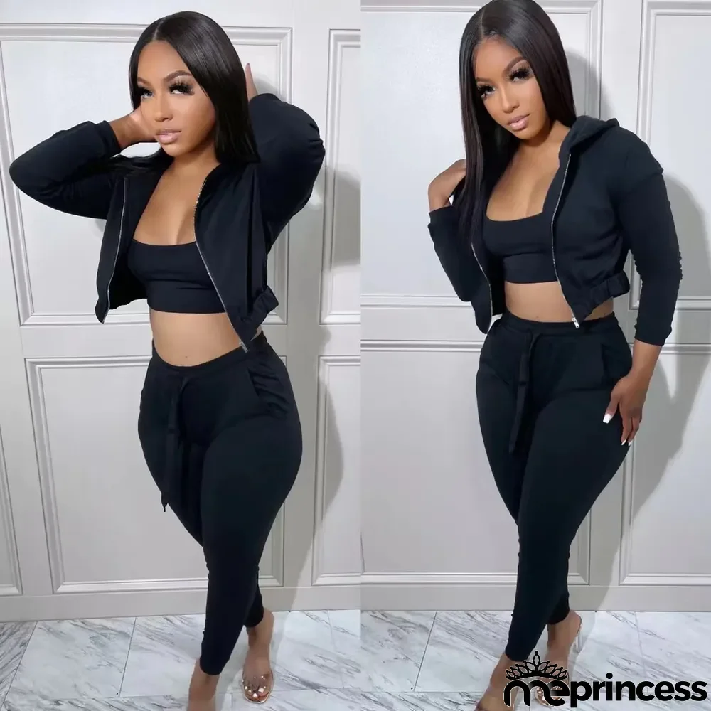 Casual Sports Camisole Hooded Coat And Pants 3 Piece Set