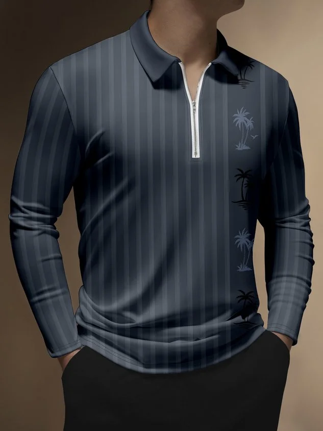 Resort Hawaiian Striped Geometric Color Block Coconut Tree Pattern Lapel Zip Long Sleeve Print Polo Shirt