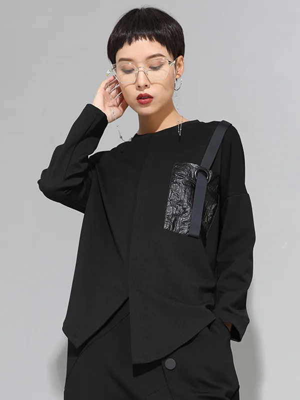 Fashion Loose Long Sleeves Split-Front Round-Neck T-Shirts Tops