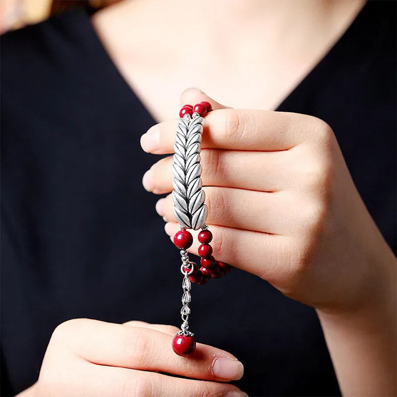 Silver Cinnabar Wheat Pattern Blessing Bracelet