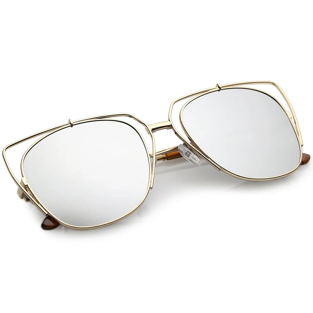Women's Open Metal Cat Eye glasses With Mirrored Flat Lens And Slim Arms 55mm