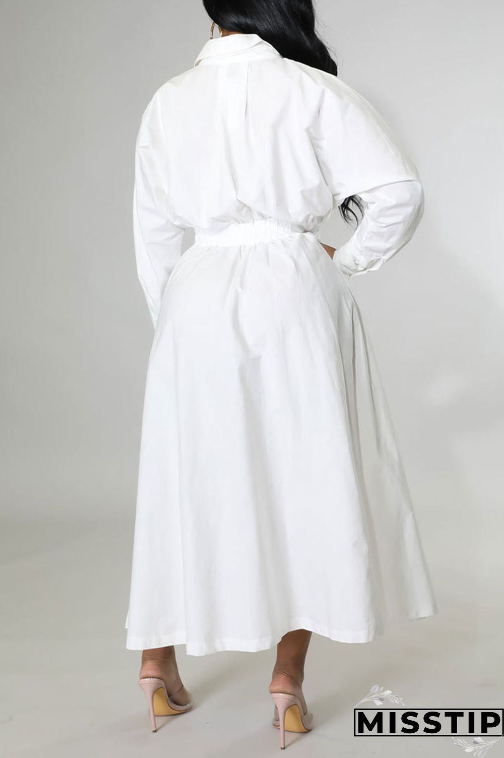 White Casual Solid Patchwork Buckle Turndown Collar Shirt Dress Dresses