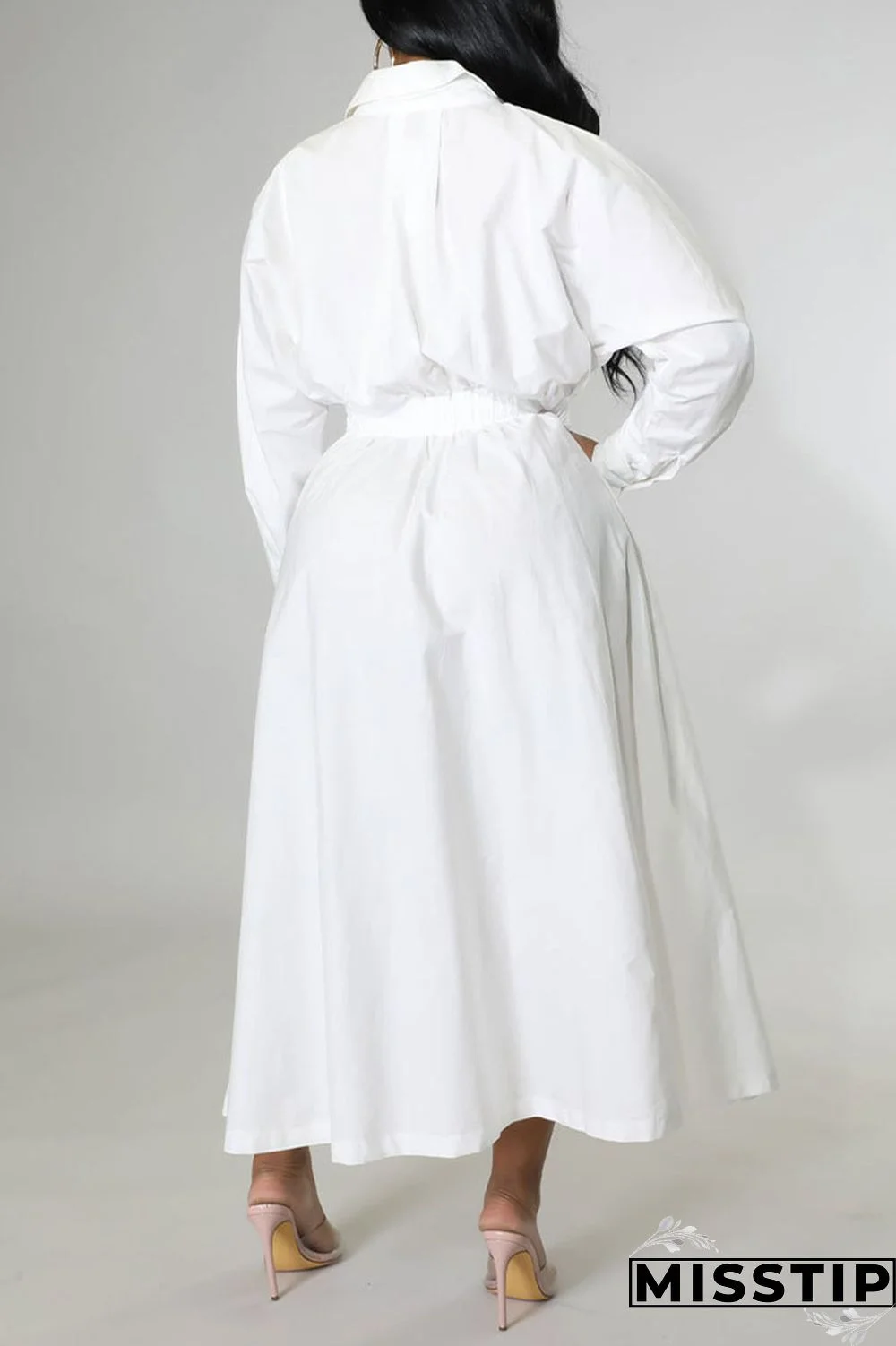White Casual Solid Patchwork Buckle Turndown Collar Shirt Dress Dresses