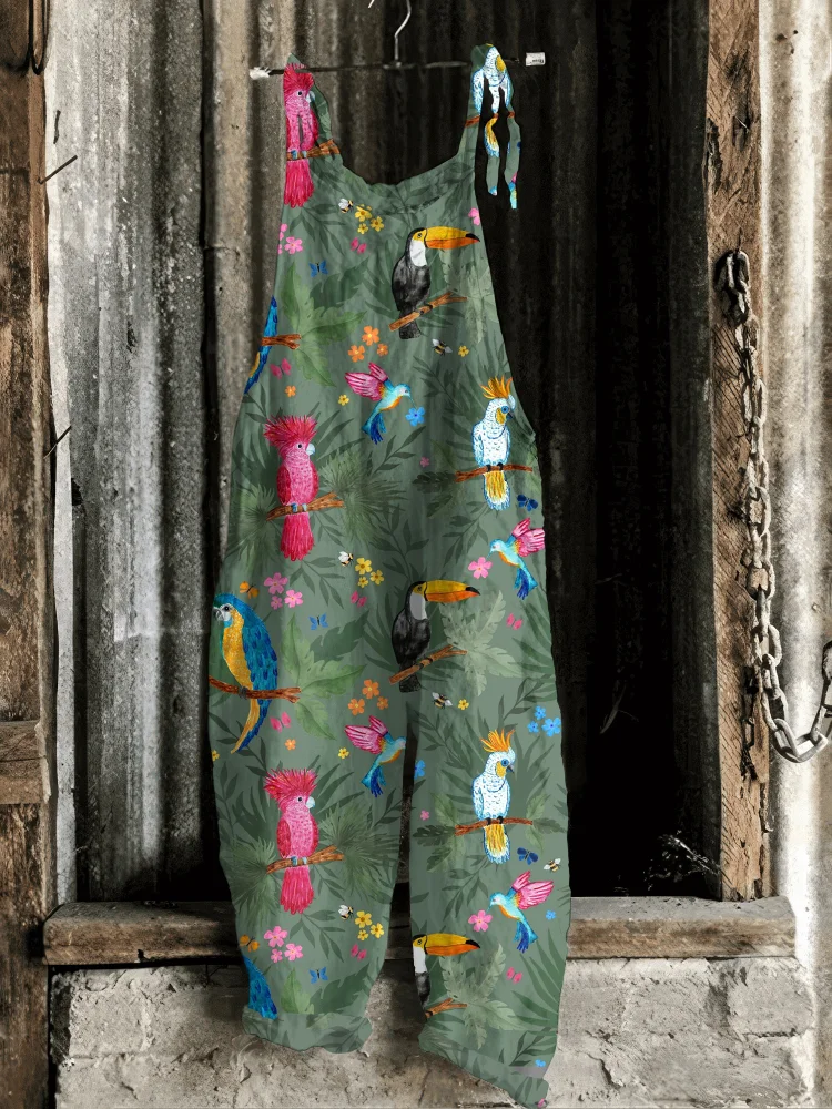 Vintage Toucan Print Casual Jumpsuit