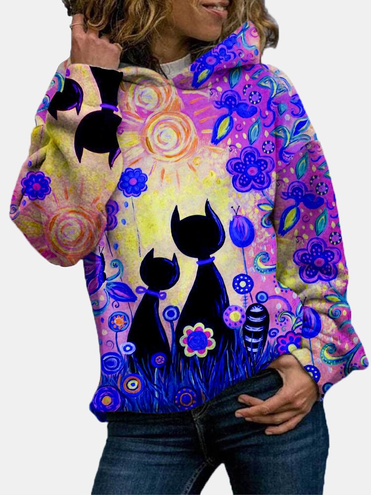 Cartoon Cat Print Long Sleeve Hoodie For Women - Shop Trendy Women's Fashion | TeeYours