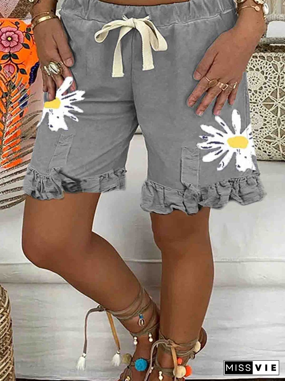 Gray Cotton Floral Casual Floral-Print Shorts