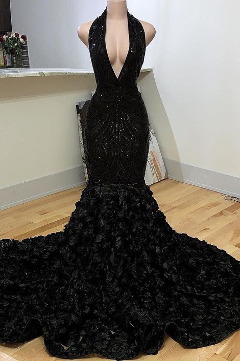 Dresseswow Black Halter Mermaid Prom Dress Sequins With Flower Bottom