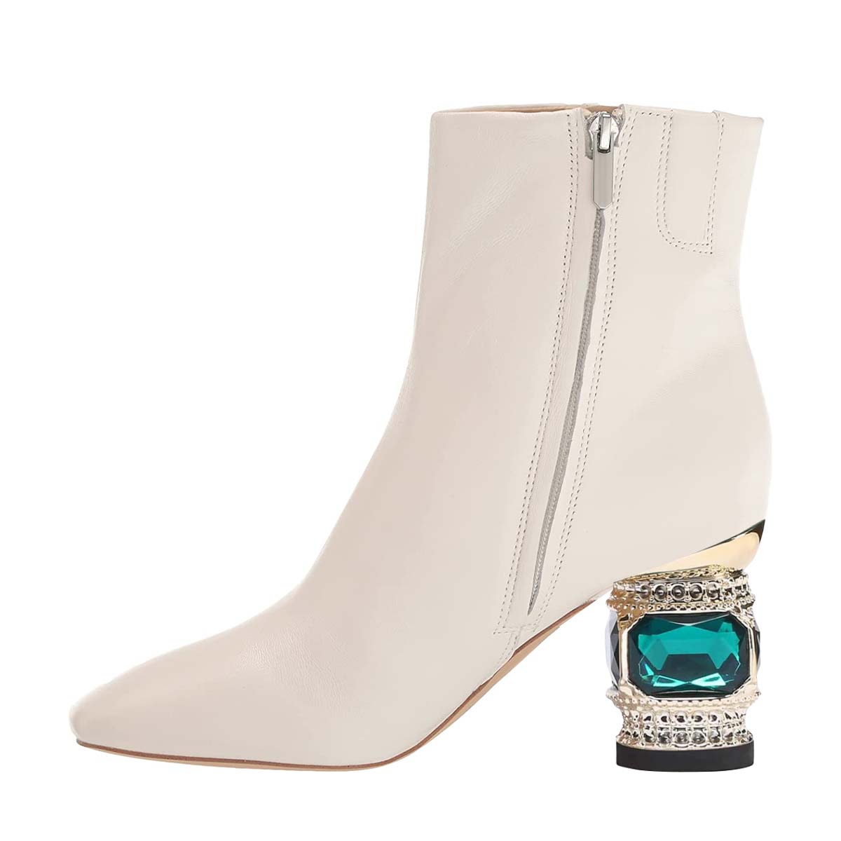 Ivory Square Toe Crystal Block Heel Ankle Boots for Women Nicepairs