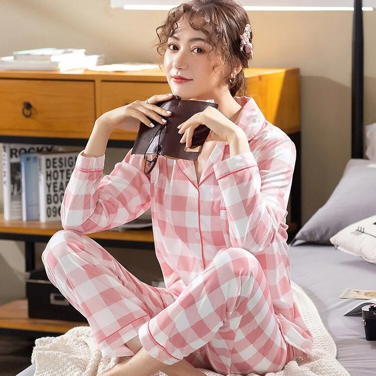 Plaid Long Sleeve Women Pajama Set Button Top+Pants Pyjamas Polka Dot Pajamas Sleepwear Homewear Suit Matching Sleep Pyjamas