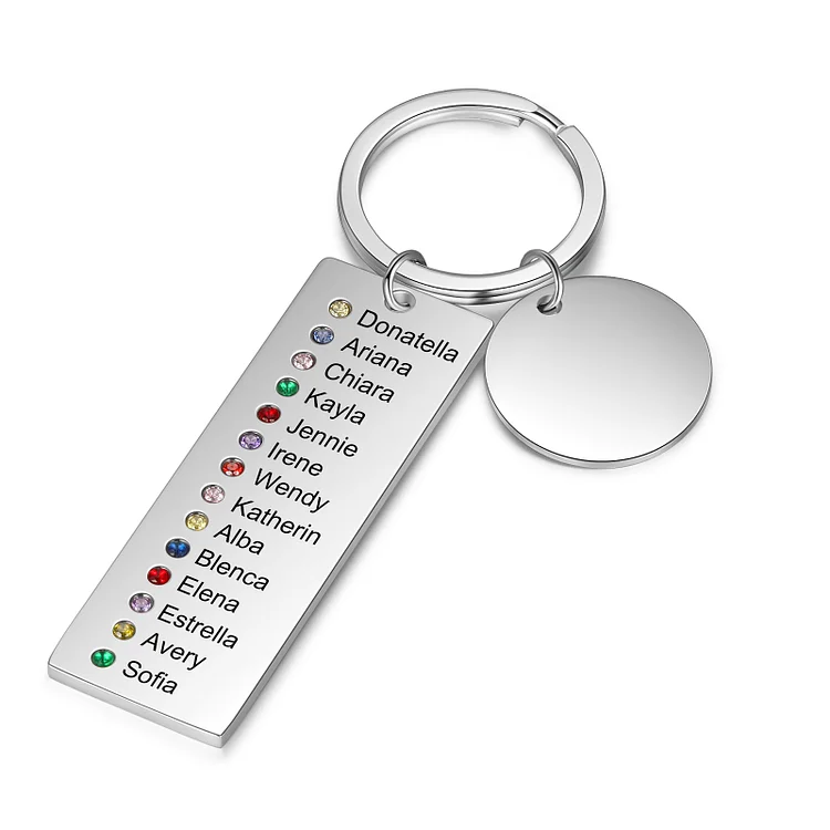 Personalized Keychain with Engraved 14 Names and 14 Birthstones