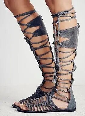VCSHOES Women Flat Gladiator Knee High Boots Suede Leather Sandal Boots Bohemia Ladies Boots