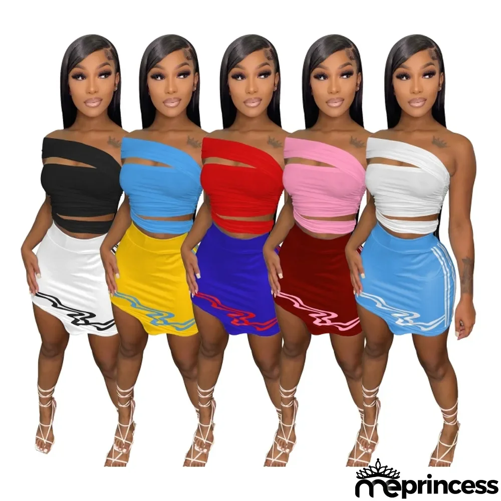 Women Summer Red Casual Slash Neck Sleeveless High Waist Striped Print Regular MiniTwo Piece Skirt Set