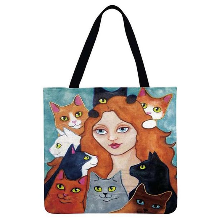 Woman And Cats - Linen Tote Bag