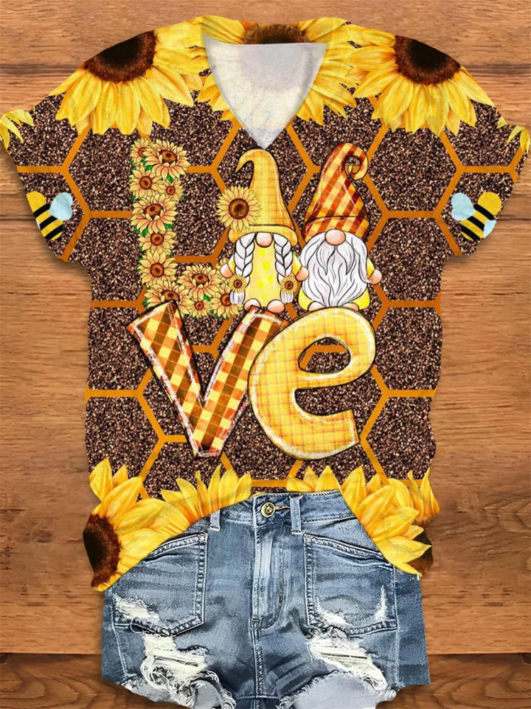 Bee Gnome Sunflower V-Neck T-Shirt