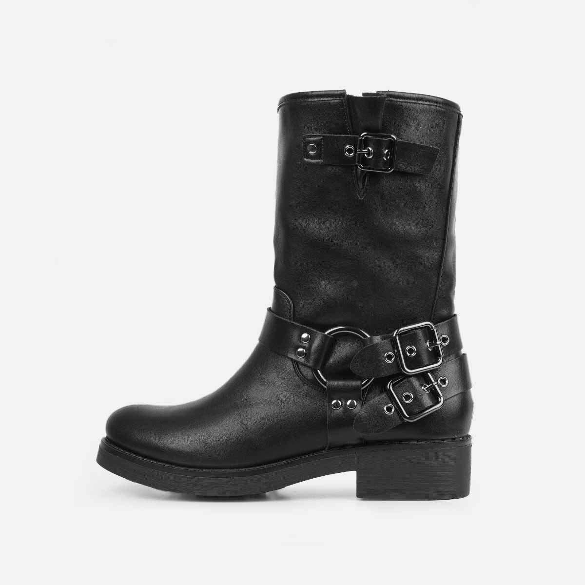 Black Vegan Leather Closed Toe Low Chunky Heel Buckled Ankle Boots Nicepairs