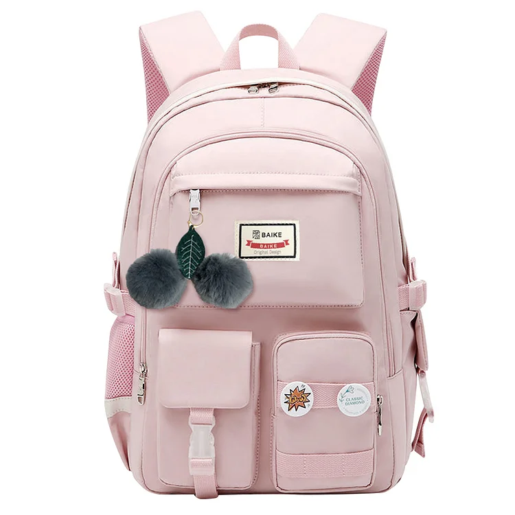 Nylon School Backpack Large Capacity Girls School Bag Mochilas (Pink)