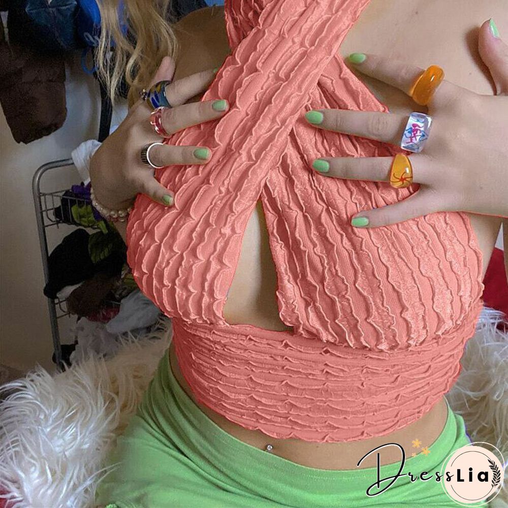 Cotton Patchwork Hollow Out Knit Crop Top Women Halter Neck Summer Sleeveless Backless