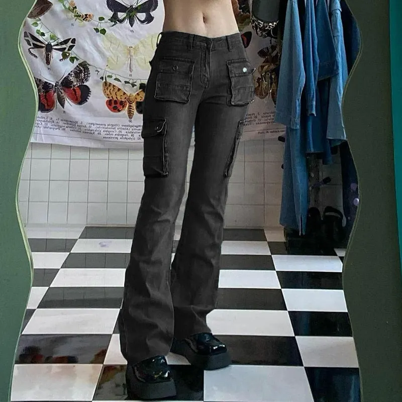 Rapcopter y2k Pockets Flare Jeans Aesthetic Low Waisted Cargo Pants Strecthy Retro Basic Harajuku Trousers Women Korean Joggers
