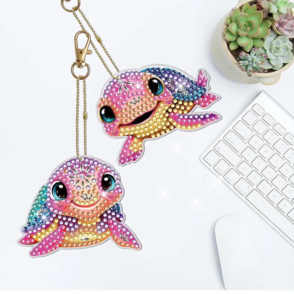 5pcs DIY Turtle Diamond Art Keychains Diamond Mosaic Kit Point Drill Key Ring(Double Side)