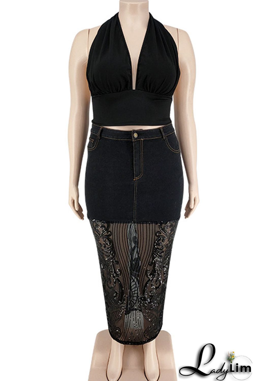 Deep Blue Sexy Solid Embroidered Sequins Patchwork High Waist Denim Skirts