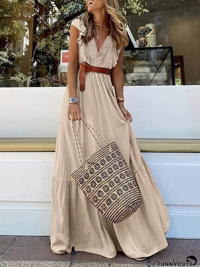 Casual Dress Swing Dress Long Dress Maxi Dress Black White Khaki Sleeveless Pure Color Lace Spring Summer V Neck Stylish Daily Vacation Weekend S M L XL XXL for Women