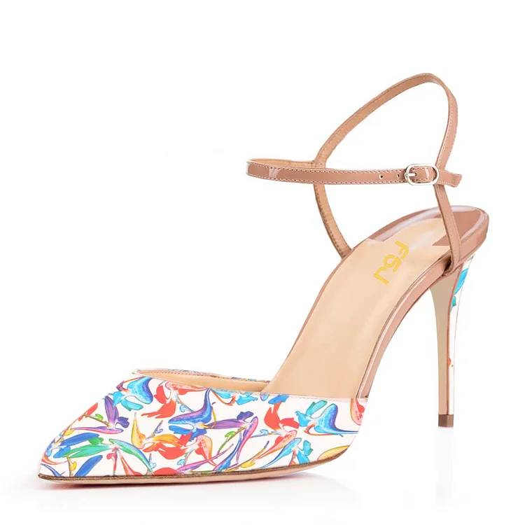 Women's  White Floral Printed Pointed Toe Stiletto Heels Sandals |FSJ Shoes