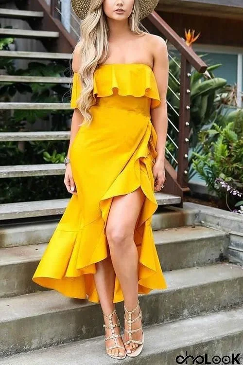 Ruffles Strapless Slit Dress