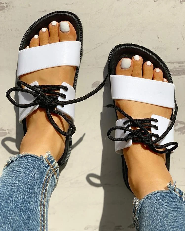 Lace-Up Double Strap Open Toe Flat Sandals